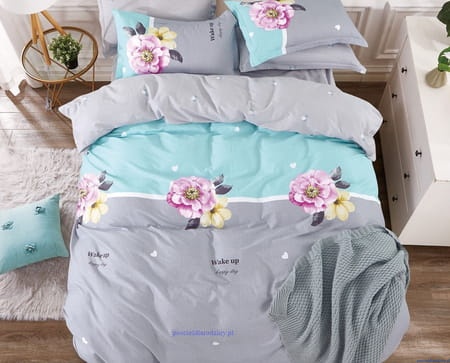 Komplet pościeli dwustronnej bawełna satynowa 200x220 cm morska z popielem kwiaty