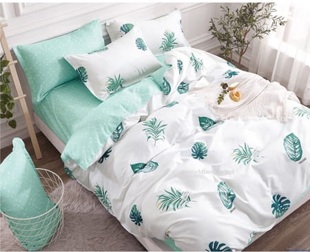 Komplet pościeli dwustronnej 160x200 cm liście zielone na białym tle