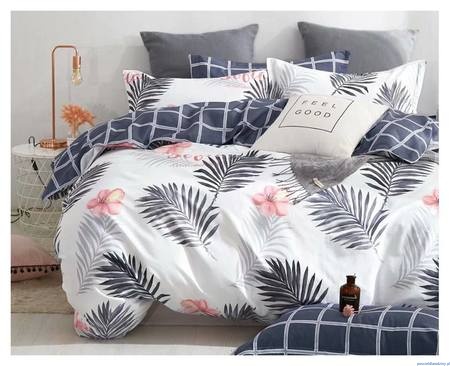 Komplet pościeli z prześccieradłem 200x220 bawełna satynowa liście popielate kwiaty kratka